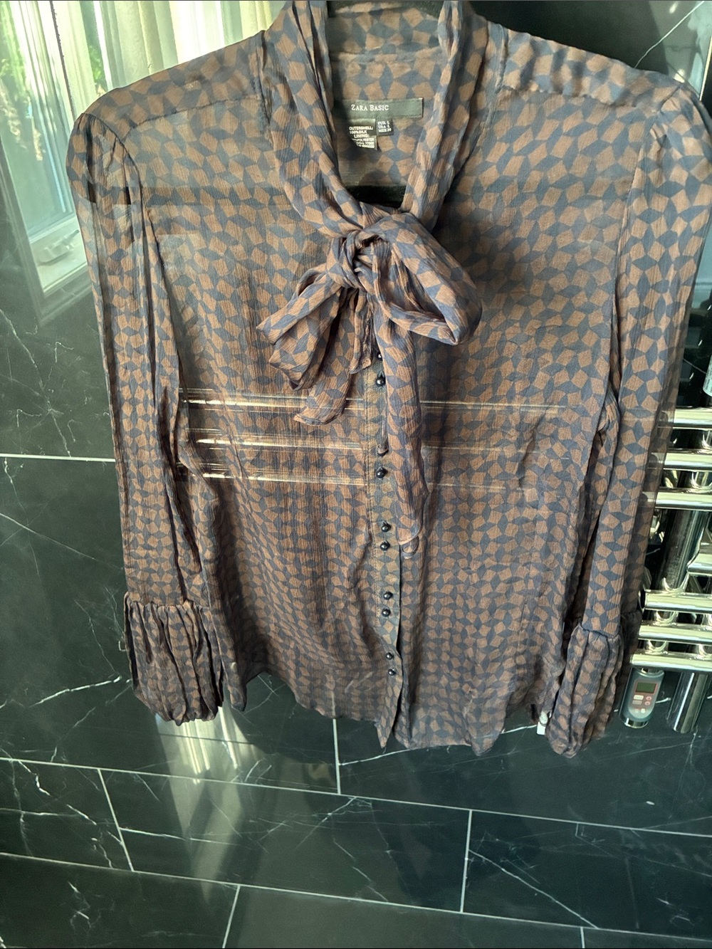 Zara 100% silk Navy and Brown Geometric Tie-Neck Blouse